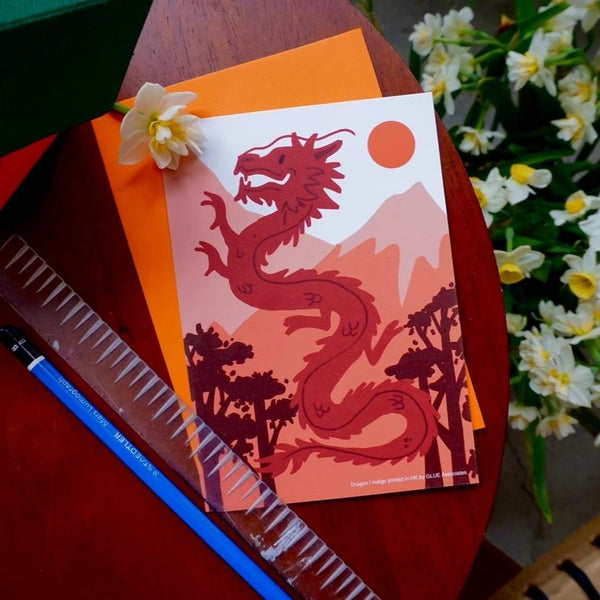 Glue Twelve Zodiac Animals Indigo Printed Card - Dragon - GLUE Associates