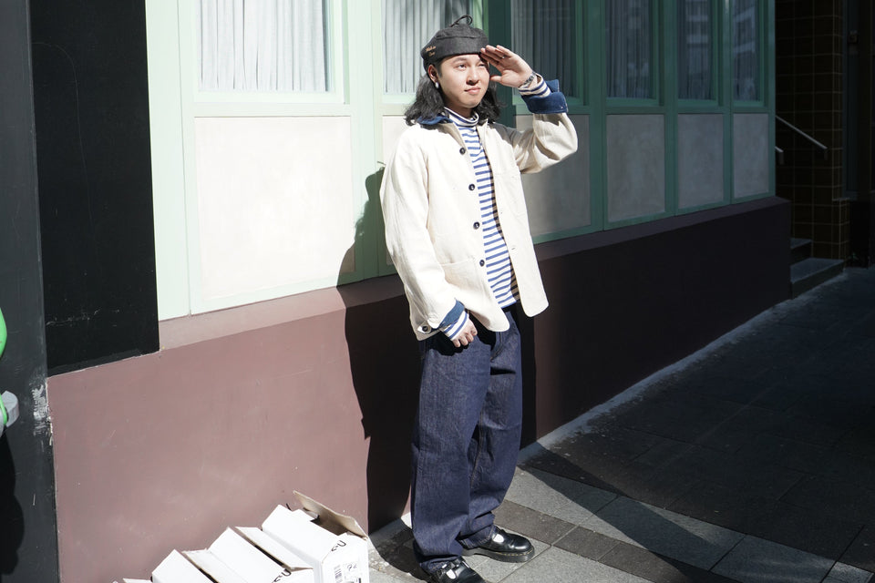 White Raglan Jacket _ Cotton Colour Napped, Cotton Stripe Turtle Neck Jumper _ Blue, High Waist Denim Pants