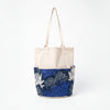 Chrysanthemum Pattern Canvas Tool Tote Bag by GOC Studio, natural Japanese cotton canvas body with navy and blue chrysanthemum print and long shoulder straps