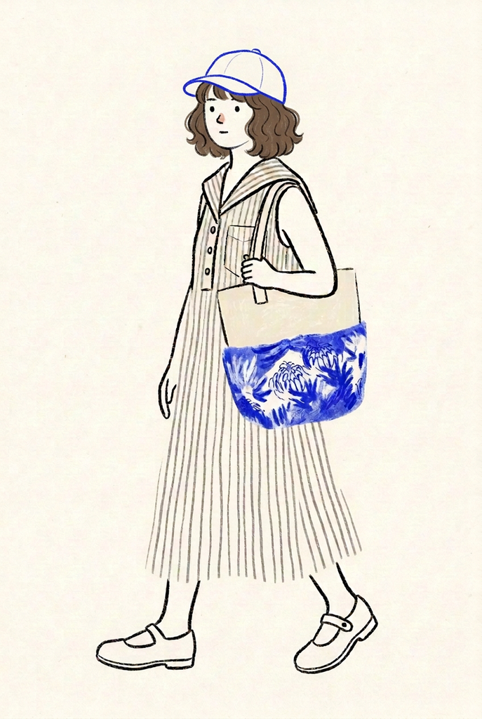 Front view of the GOC Studio chrysanthemum canvas tool tote showing the five exterior pockets and printed lower panel