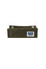 A folded grey green fabric accessory, likely a belt or strap, featuring a small white rectangular patch with a blue graphic and two gold-tone snap buttons near the top edge, shown against a plain white background.