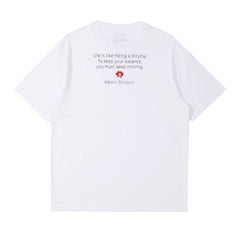 Einstein slogan embroidered cotton t-shirt “Life is like riding a bicycle. To keep your balance, you must keep moving.”