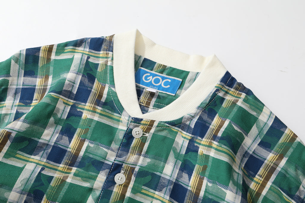 GOC Japanese checks mix camo jacquard pullover shirt - green