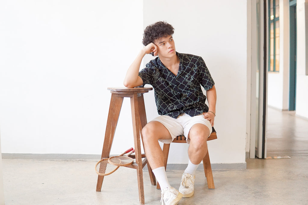 model full shot of a Hong Kong made GOC Studio black lucky bamboo Tencel linen shirt