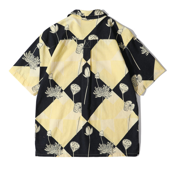 back view of a Hong Kong made GOC Studio black and yellow lotus Tencel linen shirt