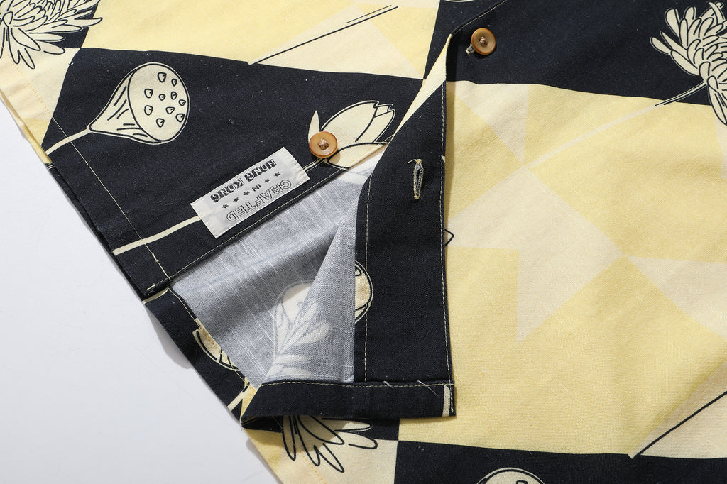 close up of corozo button closure on a Hong Kong made GOC Studio black and yellow lotus Tencel linen shirt