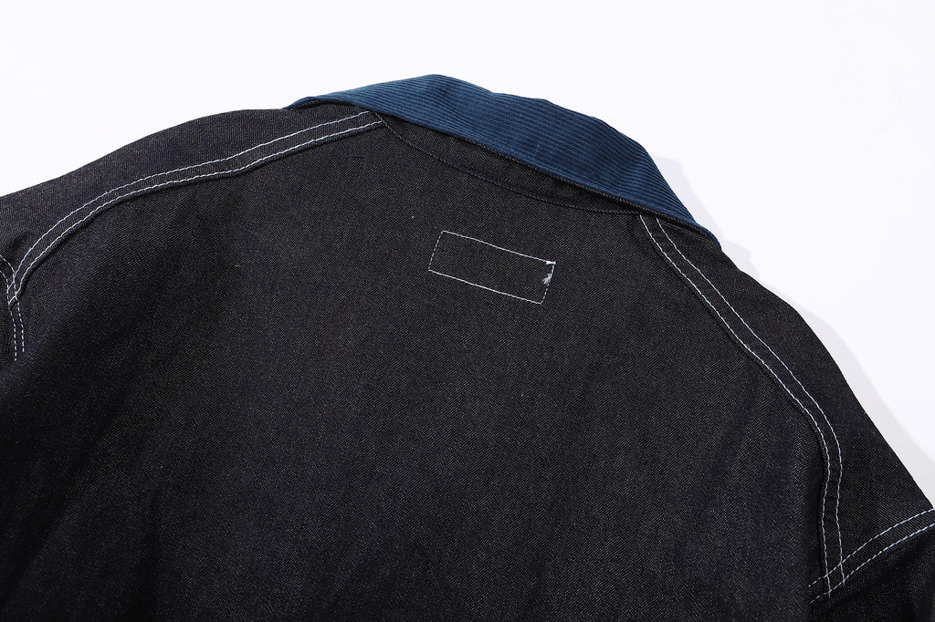 Blue corduroy back collar and contrast color stitching of a Hong Kong made GOC Studio Japanese cotton denim mix corduroy hip length jacket