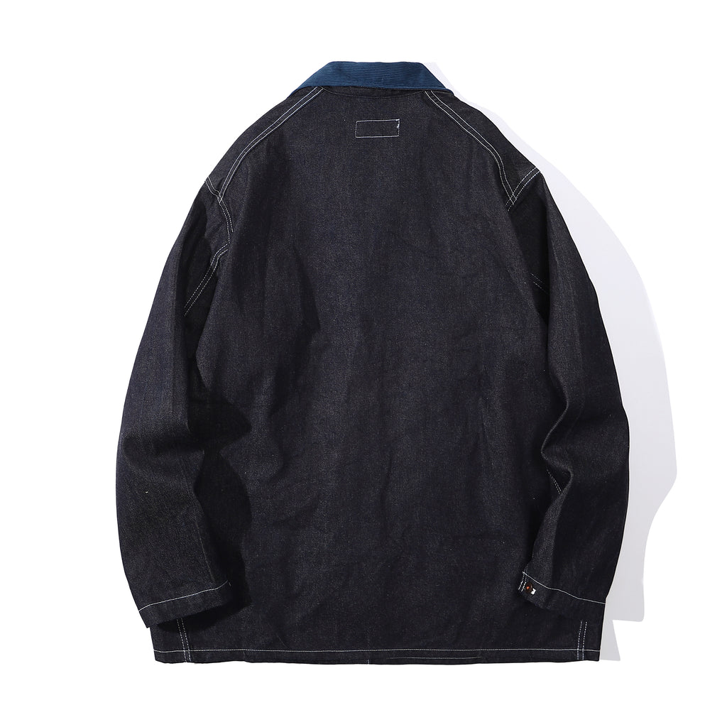 back view of a Hong Kong made GOC Studio Japanese cotton denim mix corduroy hip length jacket