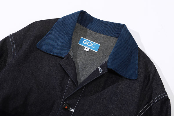 blue corduroy collar of a Hong Kong made GOC Studio Japanese cotton denim mix corduroy hip length jacket