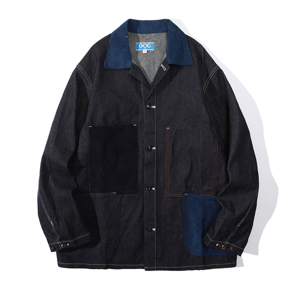 front view of a Hong Kong made GOC Studio Japanese cotton denim mix corduroy hip length jacket