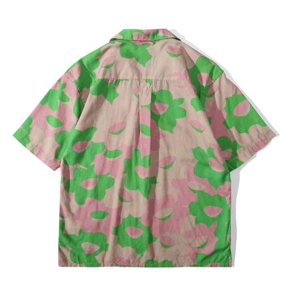 back view of a Hong Kong made GOC Studio green and pink daffodil Tencel linen shirt