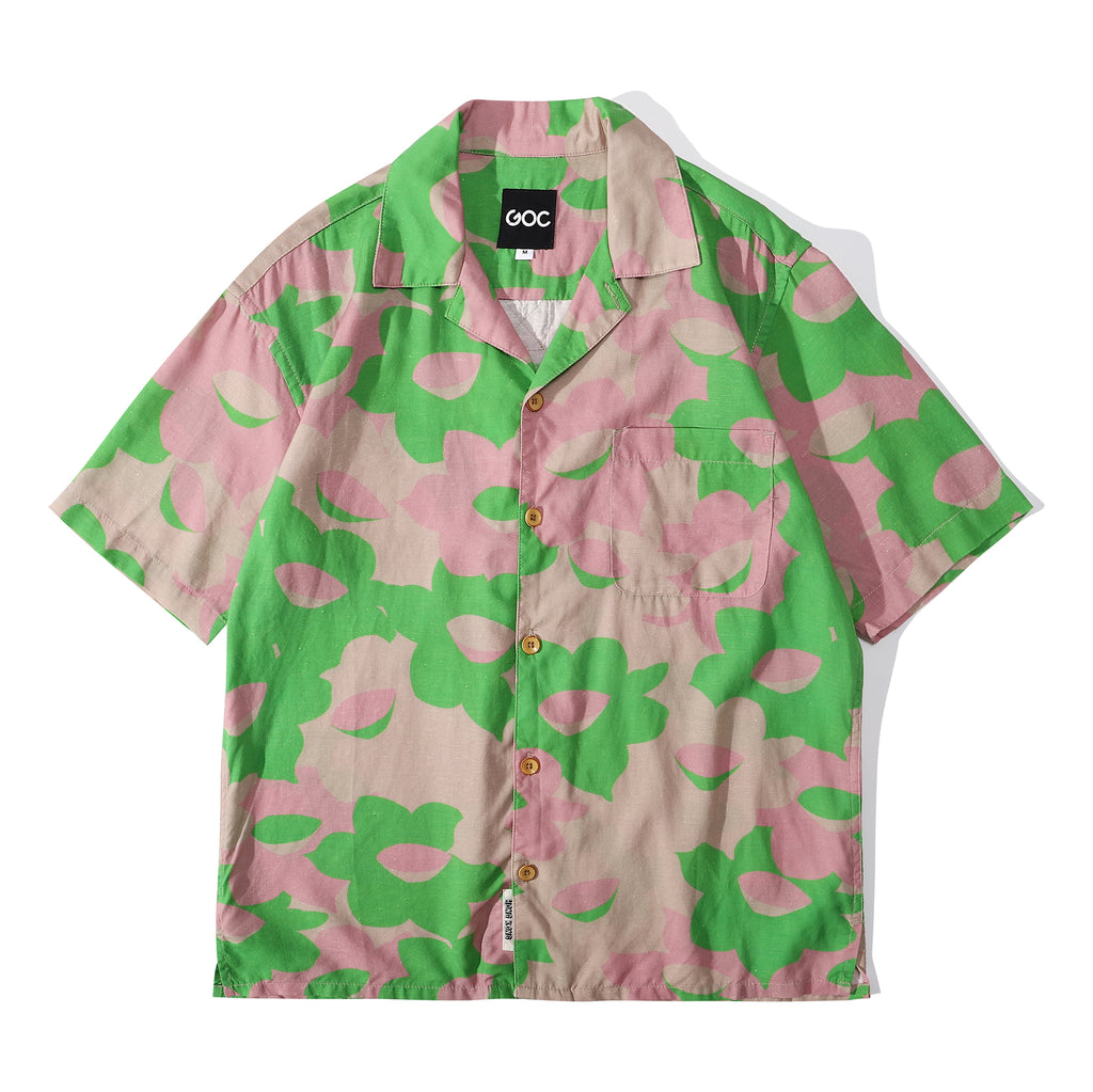 front view of a Hong Kong made GOC Studio green and pink daffodil Tencel linen shirt