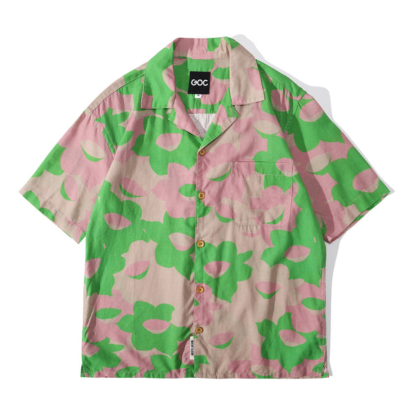 front view of a Hong Kong made GOC Studio green and pink daffodil Tencel linen shirt