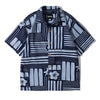 front view of GOC Studio indigo dyed discharge city flower cotton shirt