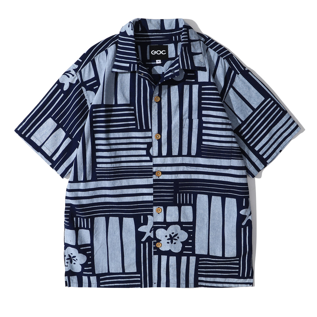 front view of GOC Studio indigo dyed discharge city flower cotton shirt