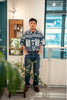 model full shot of GOC Studio hand indigo dyed discharge city flower cotton shirt