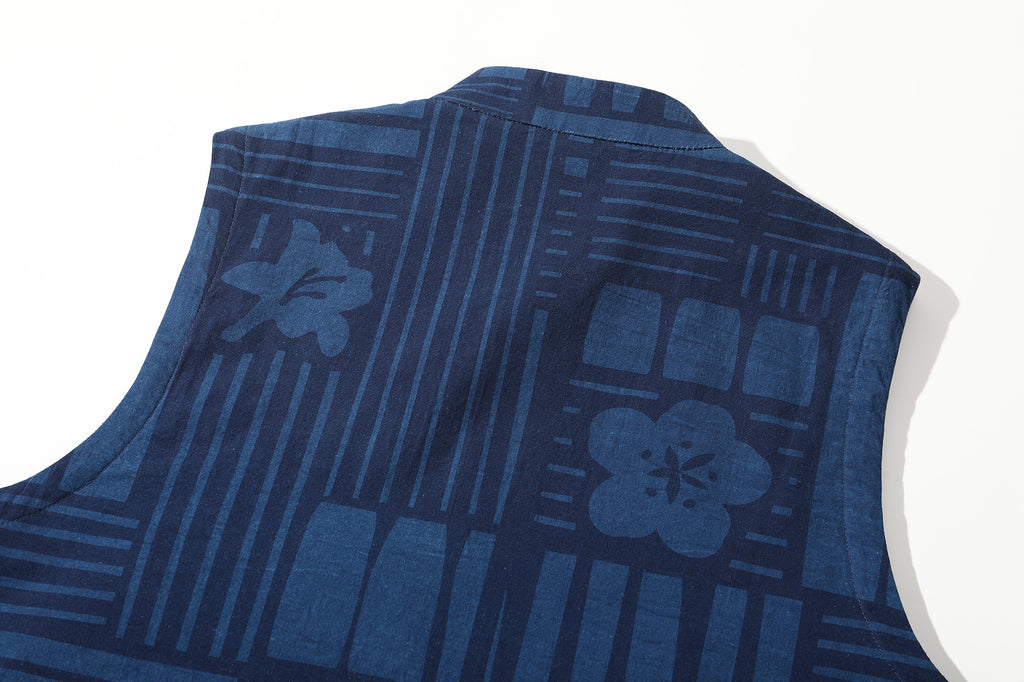 back stand collar view of goc studio indigo dyed discharge floral print cotton vest 