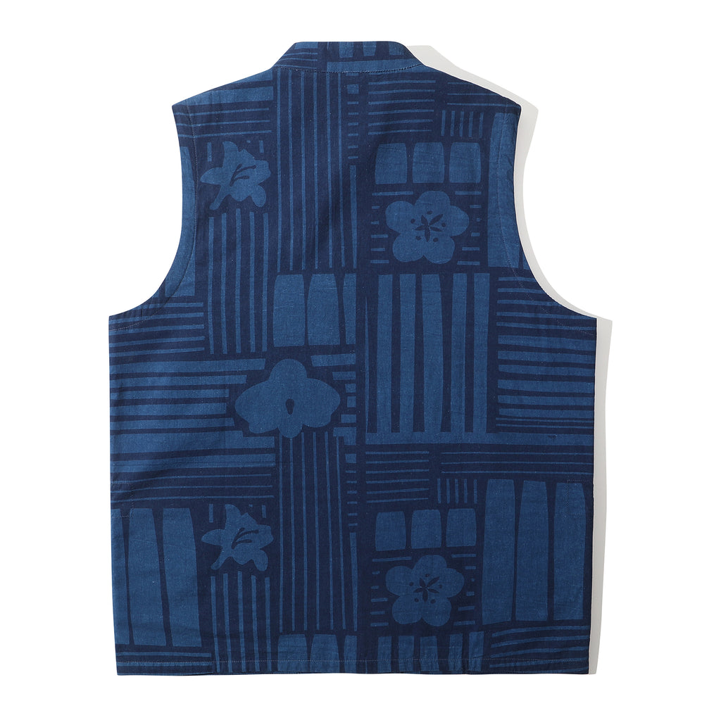 back view of goc studio indigo dyed discharge floral print cotton vest 