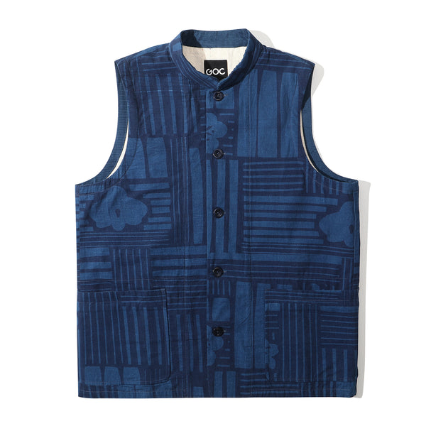 front view of goc studio indigo dyed discharge floral print cotton vest 