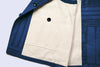 close up of inner pocket on goc studio indigo dyed discharge floral print cotton vest 