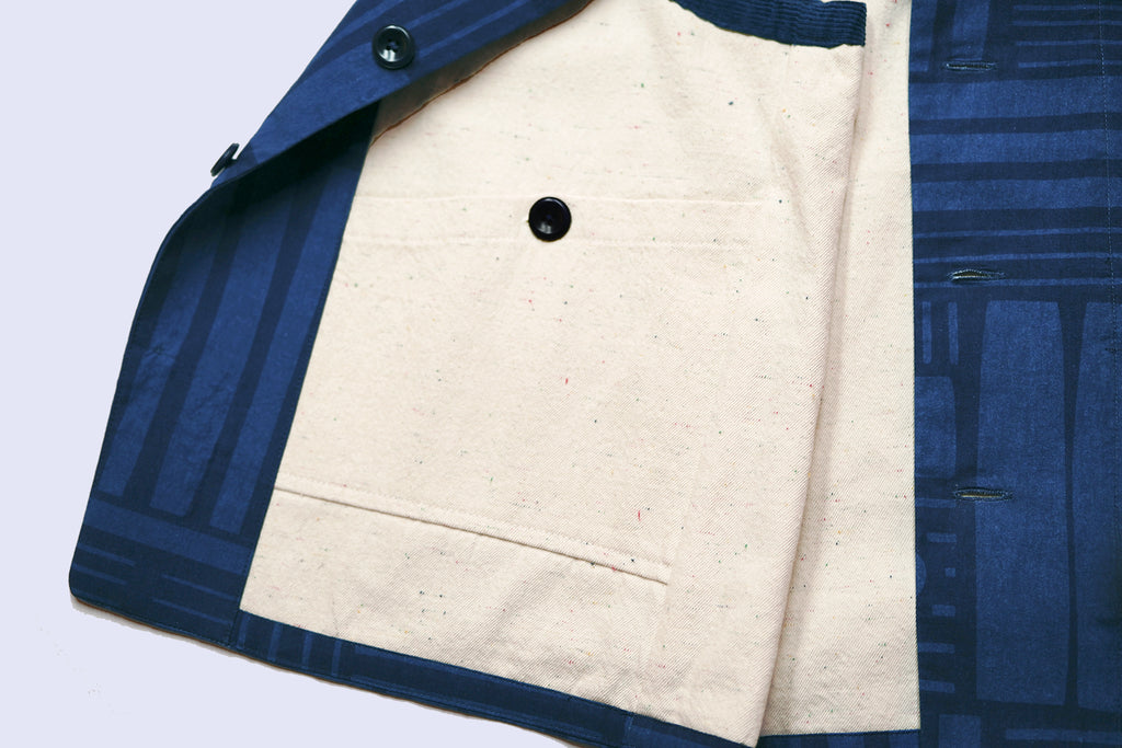 close up of inner pocket on goc studio indigo dyed discharge floral print cotton vest 
