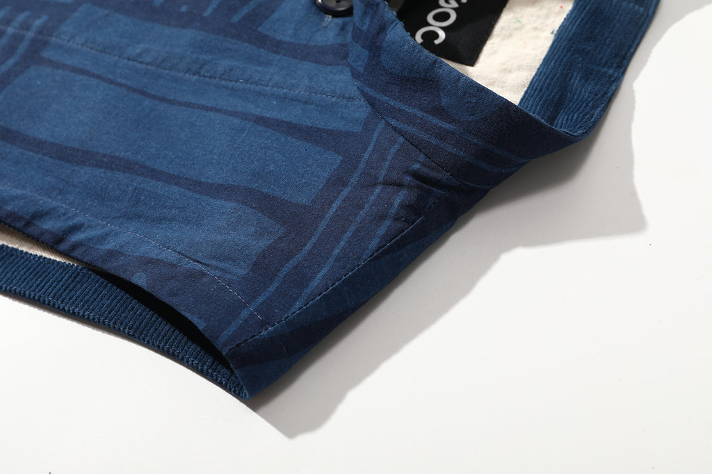 close up of shoulder on goc studio indigo dyed discharge floral print cotton vest 