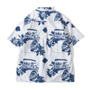 back view of goc studio indigo dyed discharge teapot floral print cotton shirt