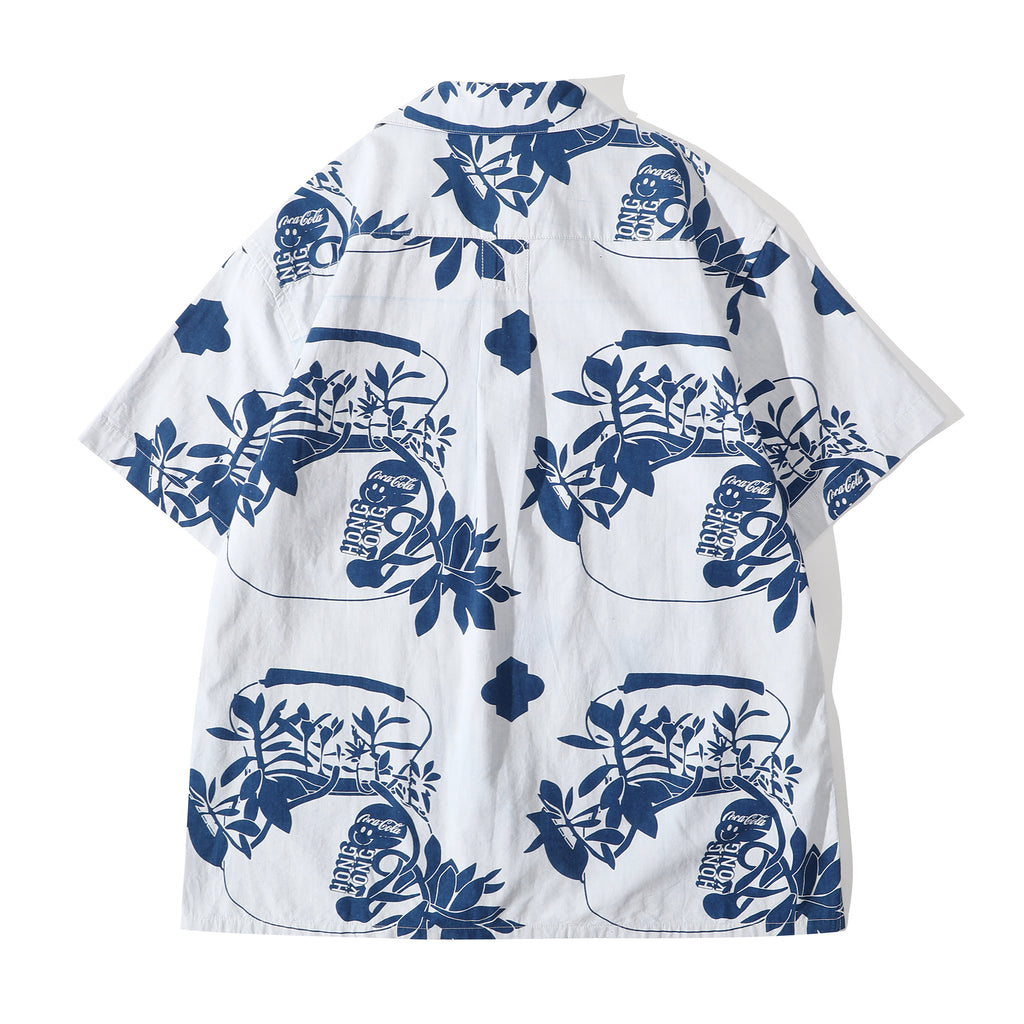 back view of goc studio indigo dyed discharge teapot floral print cotton shirt
