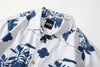 collar view of goc studio indigo dyed discharge teapot floral print cotton shirt