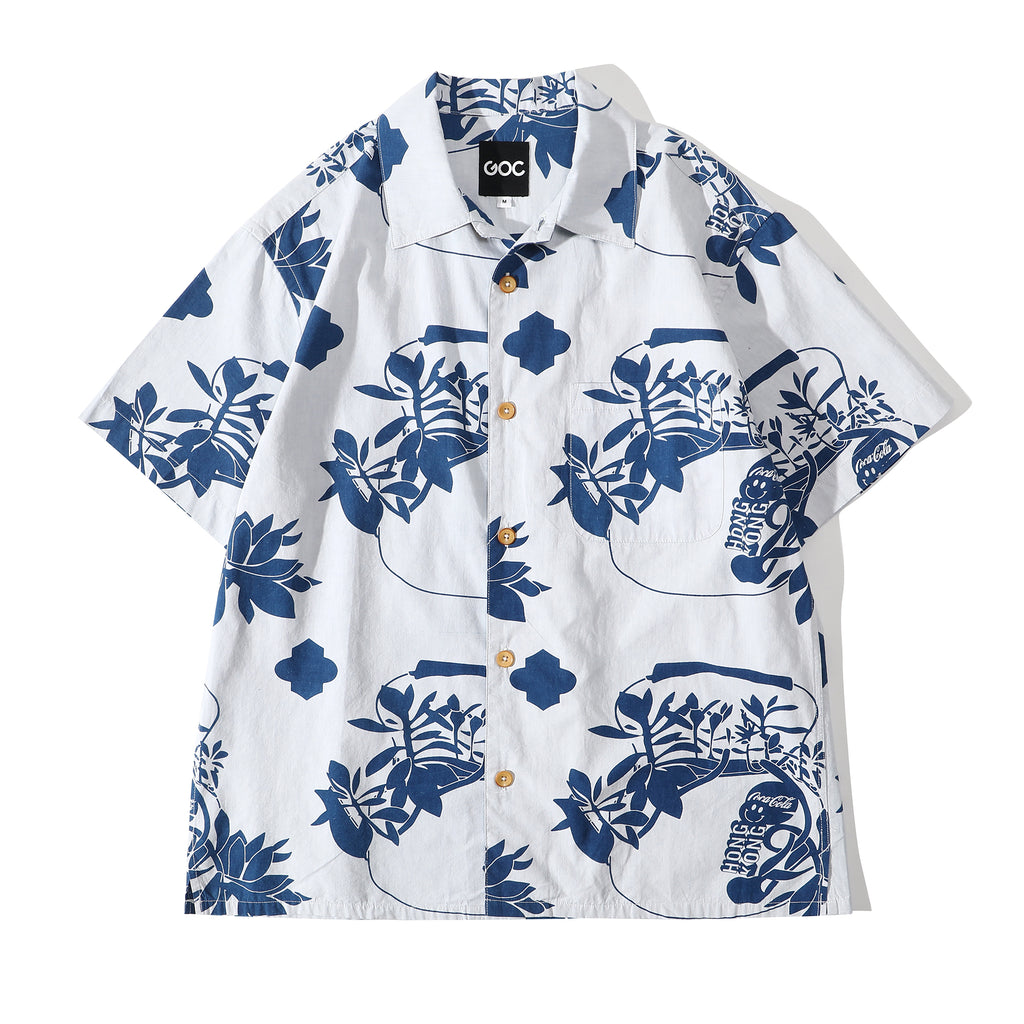 front view of goc studio indigo dyed discharge teapot floral print cotton shirt