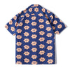 back view of a Hong Kong made GOC Studio navy and orange daffodil cotton poplin shirt