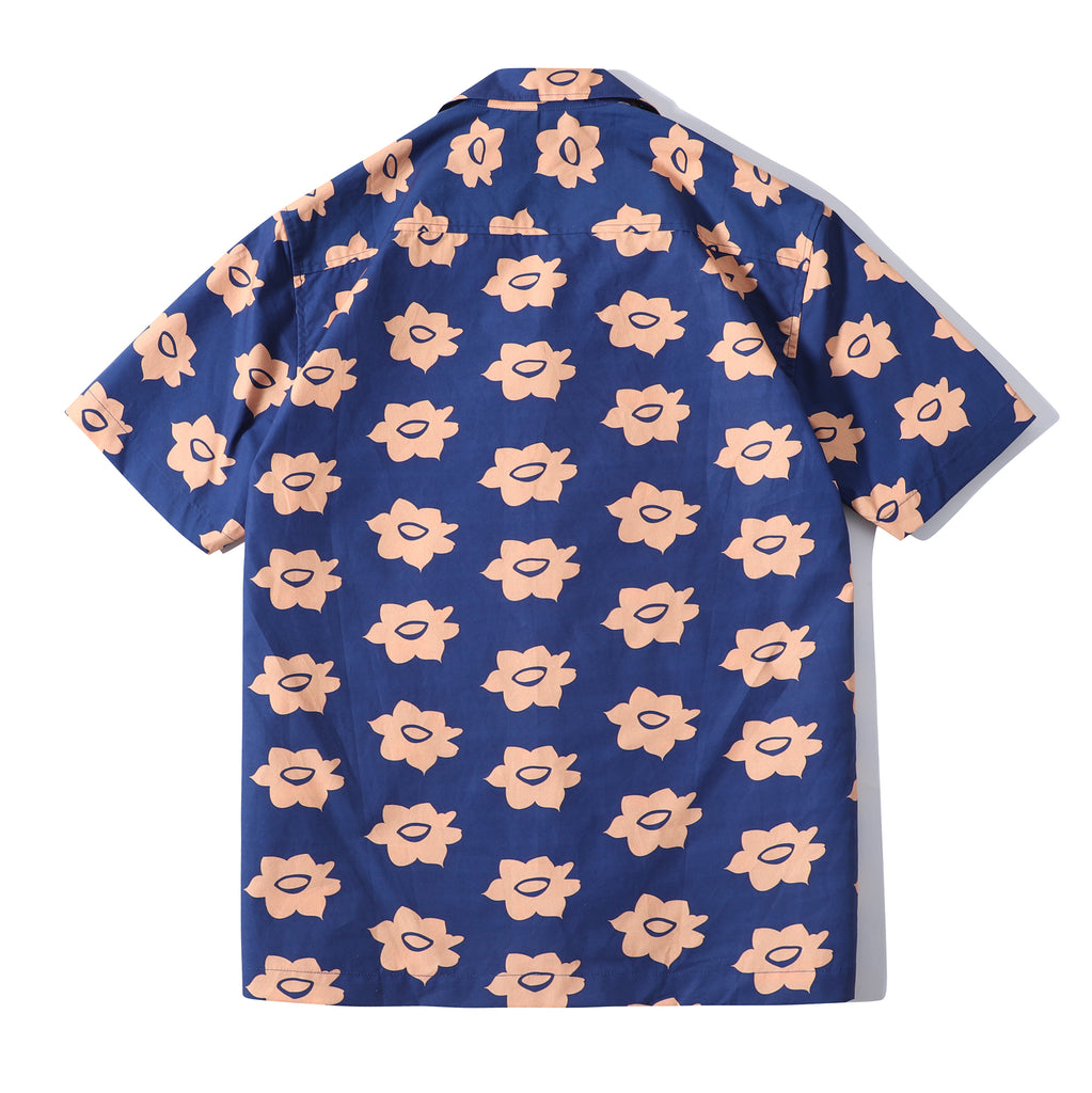 back view of a Hong Kong made GOC Studio navy and orange daffodil cotton poplin shirt