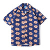 front view of a Hong Kong made GOC Studio navy and orange daffodil cotton poplin shirt