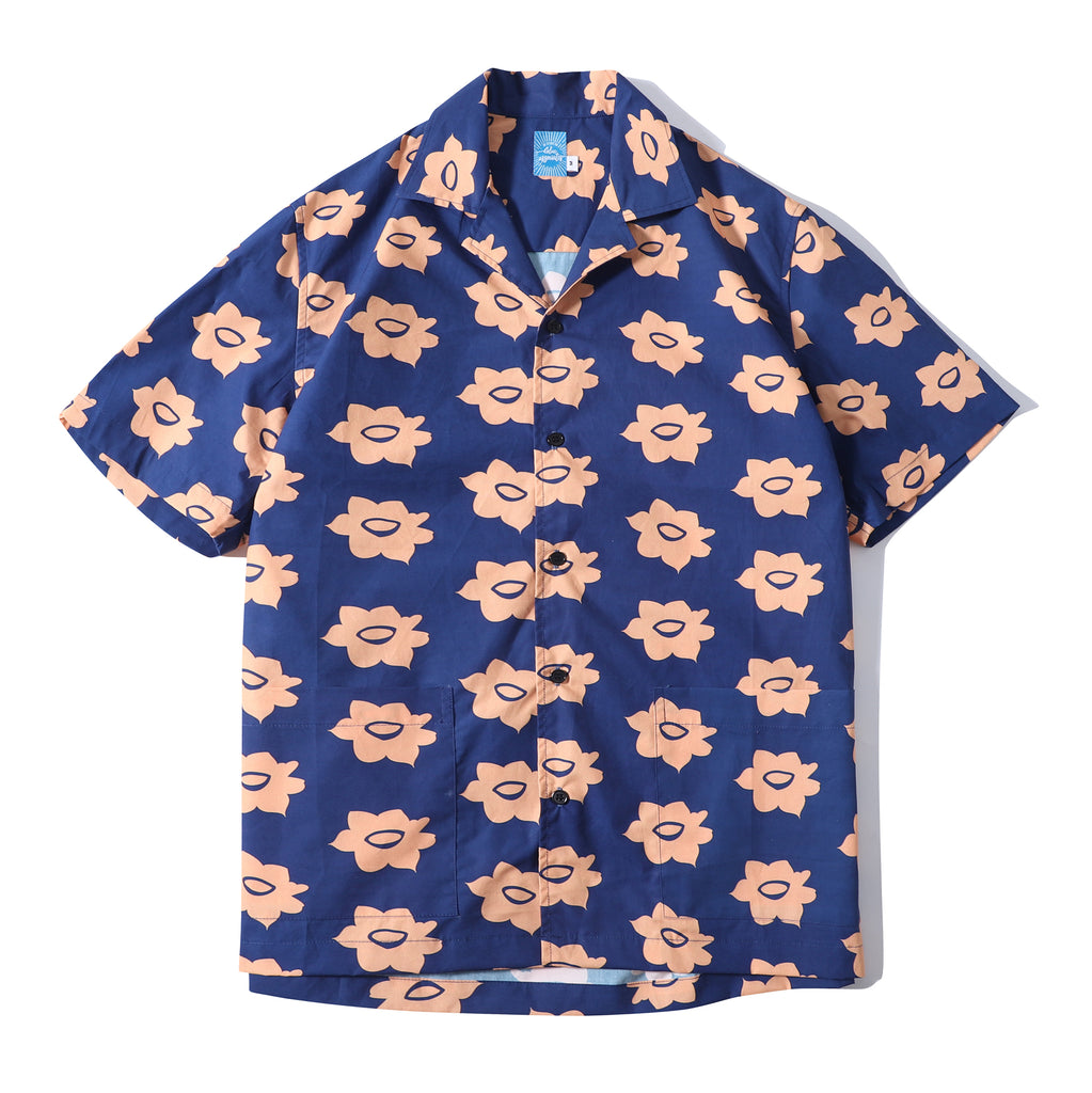 front view of a Hong Kong made GOC Studio navy and orange daffodil cotton poplin shirt