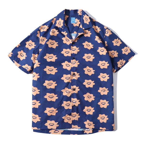 front view of a Hong Kong made GOC Studio navy and orange daffodil cotton poplin shirt
