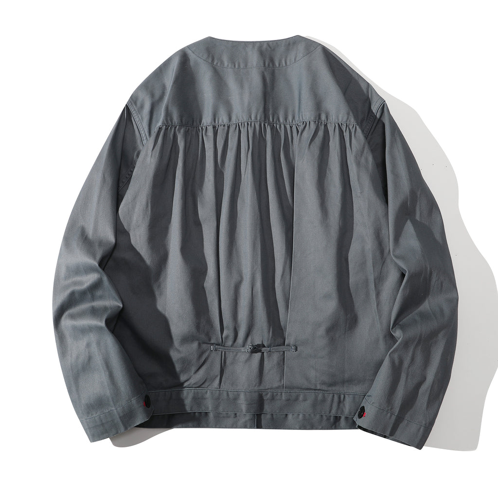 back view of a Hong Kong made GOC Studio steel blue Japanese cotton twill oriental jacket