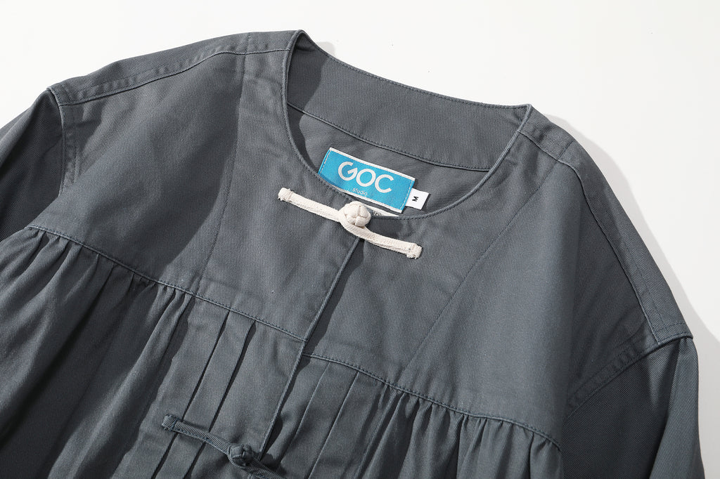 collar view of a Hong Kong made GOC Studio steel blue Japanese cotton twill oriental jacket
