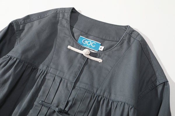 collar view of a Hong Kong made GOC Studio steel blue Japanese cotton twill oriental jacket