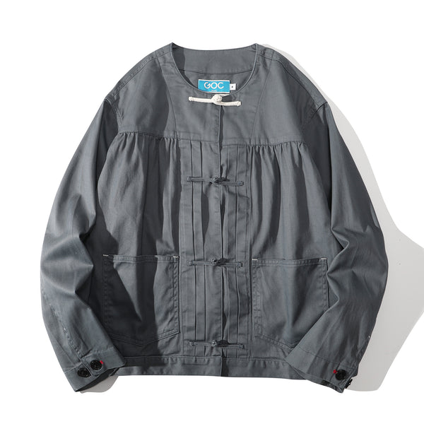 front view of a Hong Kong made GOC Studio steel blue Japanese cotton twill oriental jacket