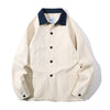 front view of GOC Studio white Japanese cotton multi-color nepped with corduroy collar raglan jacket 