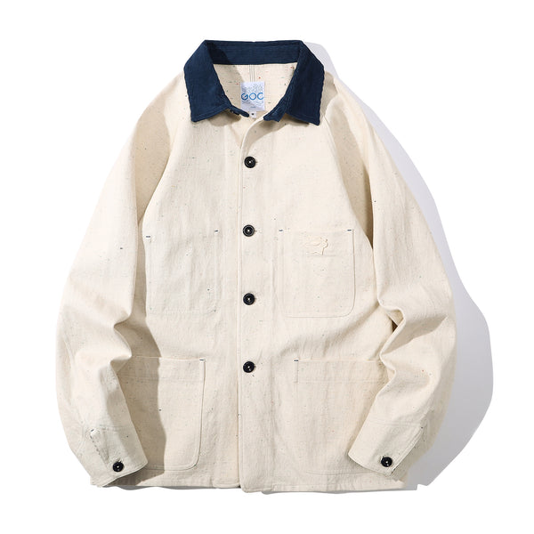 front view of GOC Studio white Japanese cotton multi-color nepped with corduroy collar raglan jacket 