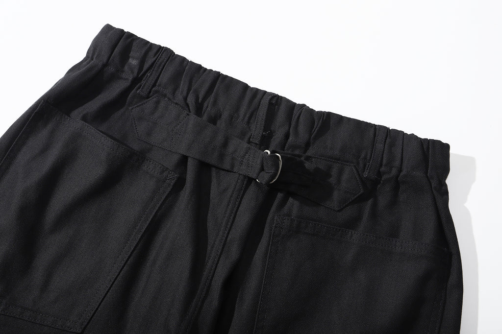 ih black cotton herringbone shorts functional metal buckle at the back of waistband