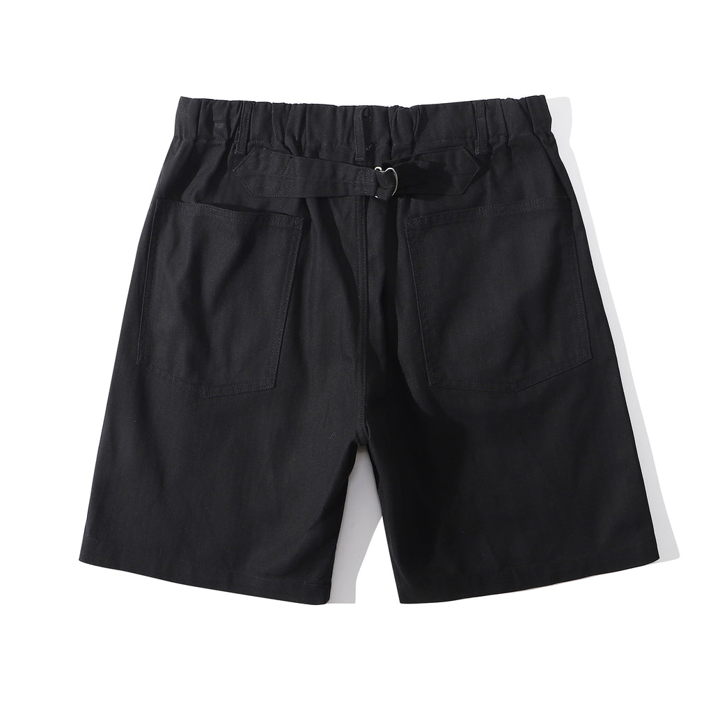 ih black relaxed fit cotton herringbone buckle shorts full back view