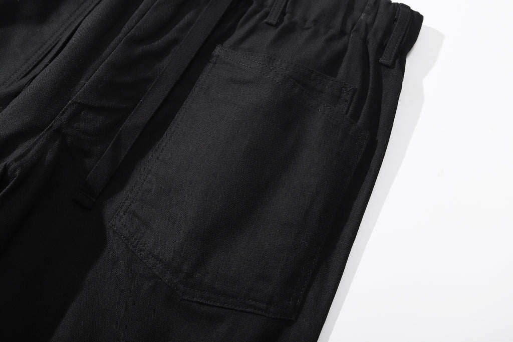 ih black cotton herringbone shorts detailed front double patch pockets design