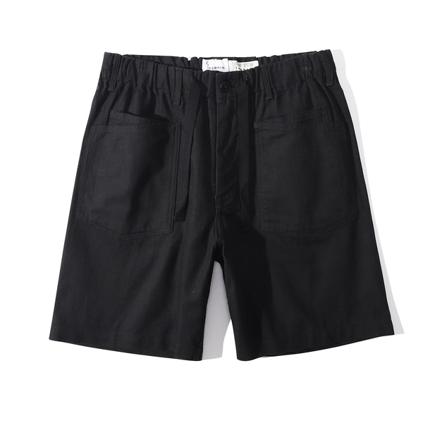 Front view of a Hong Kong made ih cotton herringbone buckle shorts in black