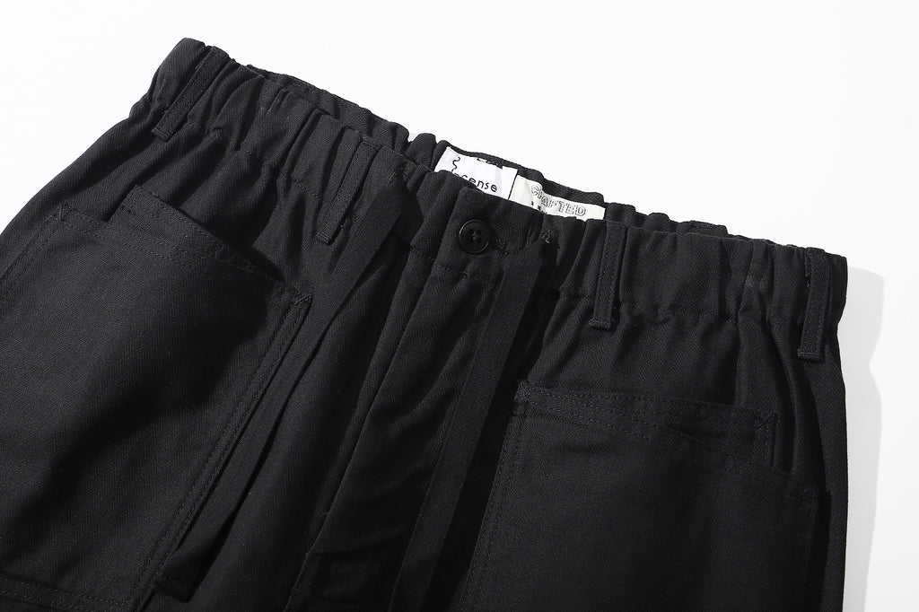 ih black cotton herringbone shorts elastic waistband with adjustable front drawstring and corozo button