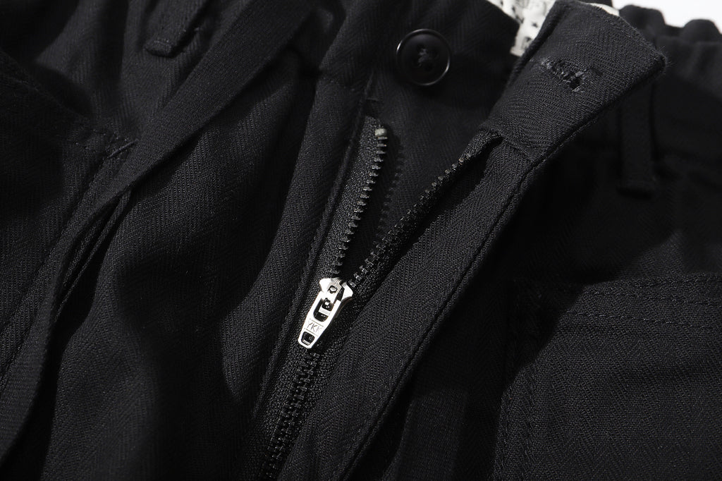 ih black cotton herringbone shorts front zipper