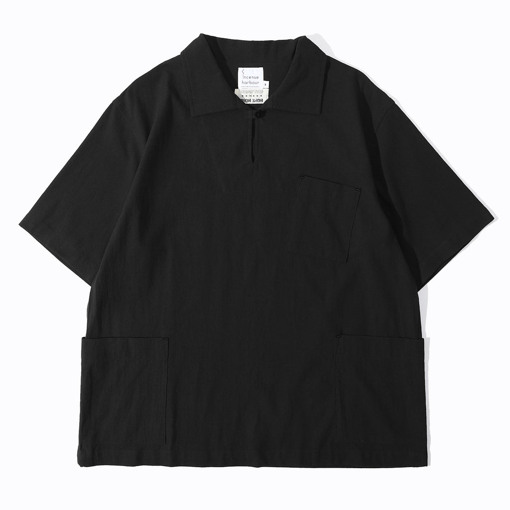 a Hong Kong made ih relaxed fit boxy cut sailor over shirt in black bird claw cotton front view