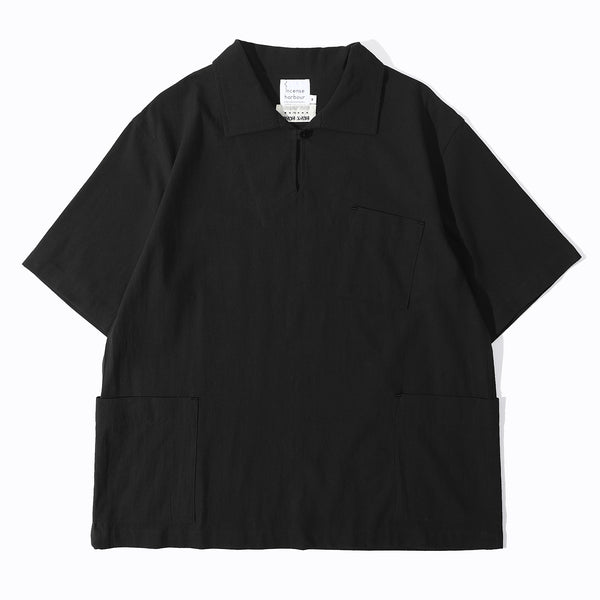 a Hong Kong made ih relaxed fit boxy cut sailor over shirt in black bird claw cotton front view