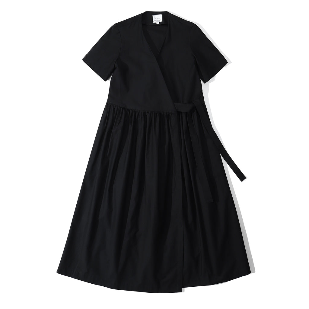 Front view of a Hong Kong made ih loose fit wrap maxi dress in black